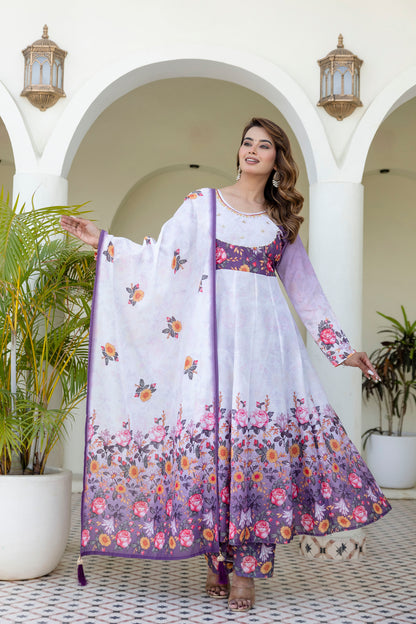 Lavender Bloom Floral Printed Anarkali Salwar Suit Set with Matching Dupatta