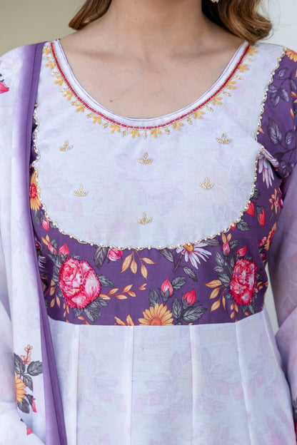 Lavender Bloom Floral Printed Anarkali Salwar Suit Set with Matching Dupatta
