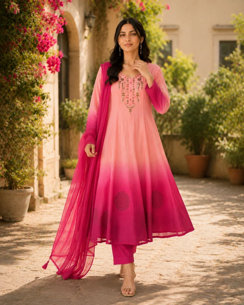 Peach Pink Ombre Embroidered Anarkali Suit Set