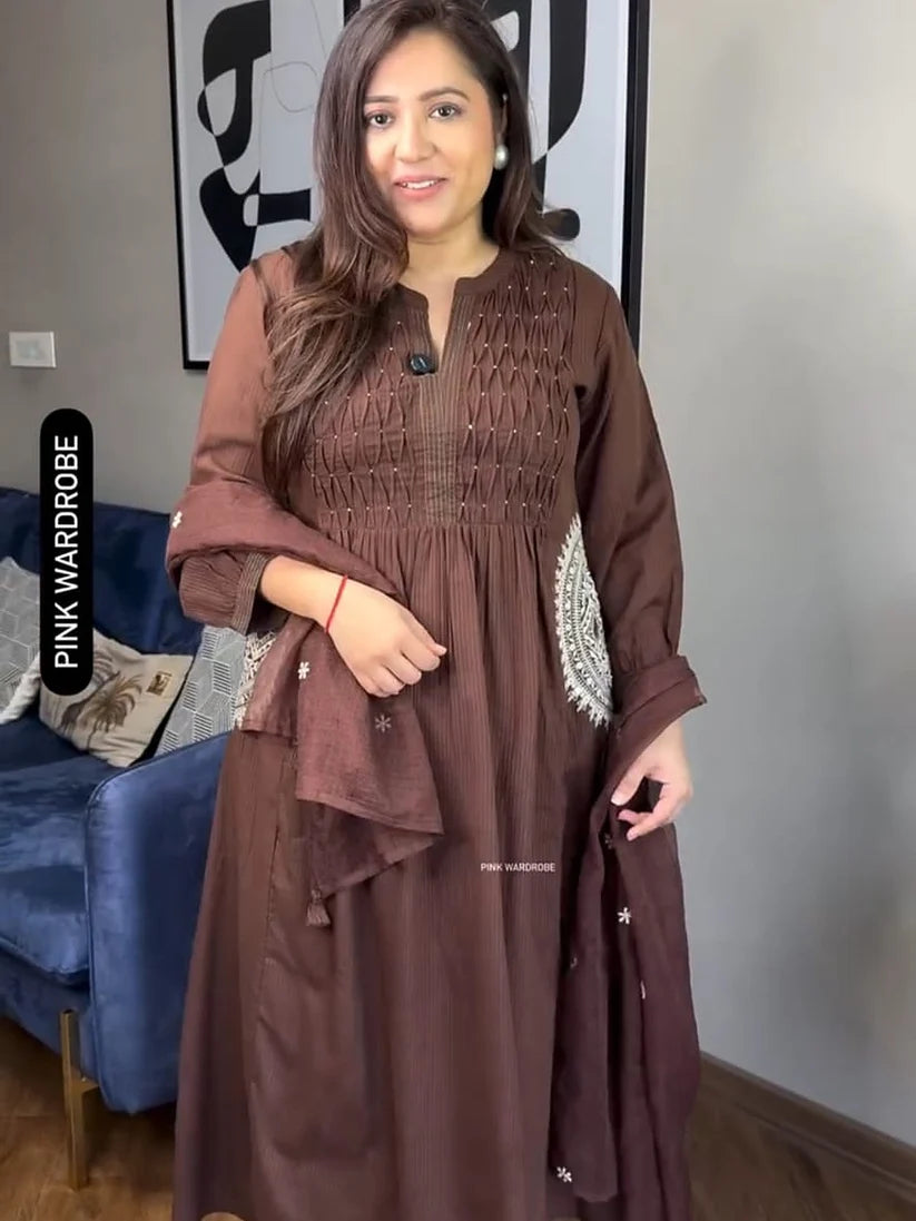 Beautiful Brown Embroidered Flared Kurta Set with Pants