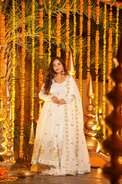 White Premium Soft Cruncy Silk Anarkali Suit Set with Floral Embroidery,