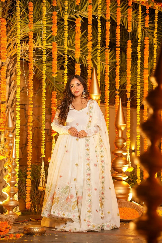 White Premium Soft Cruncy Silk Anarkali Suit Set with Floral Embroidery,