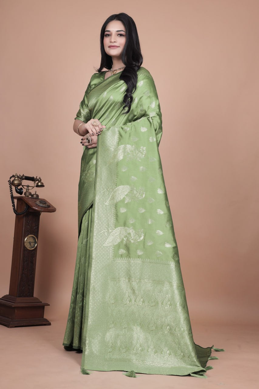 Lime Green Banarasi Silk Saree with Intricate Zari Peacock Motifs