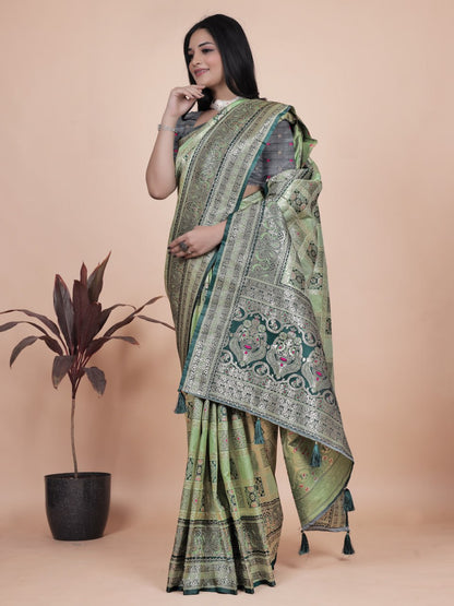 Softy Pastel Green Banarasi Silk Saree with Silver Zari Weaving