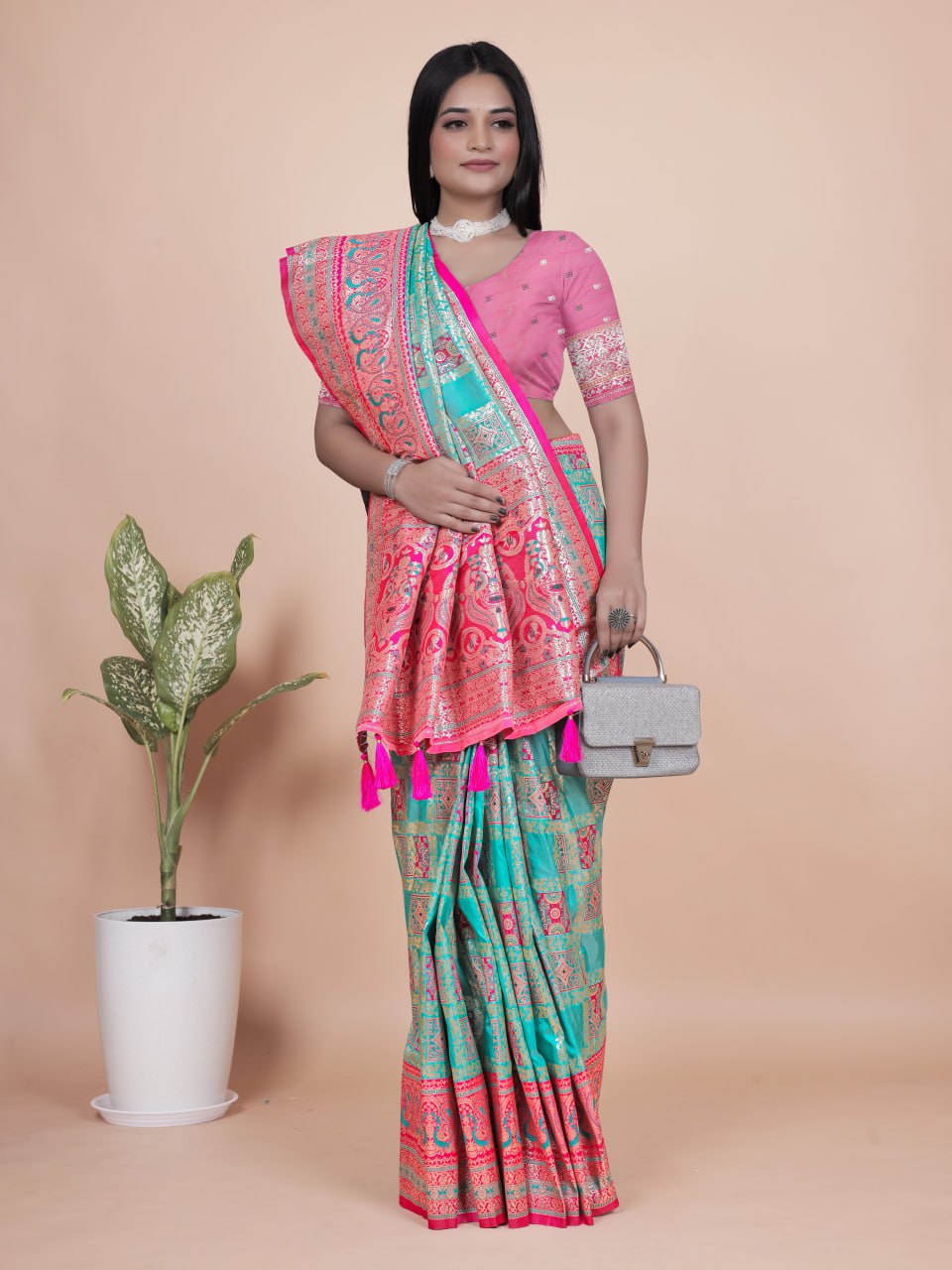 Magic Aqua Blue and Pink Banarasi Silk Saree with Silver Zari Weaving