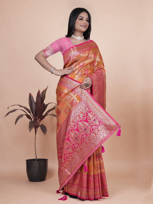 Trendy Women's Orange and Pink Banarasi Silk Saree with Silver Zari Work