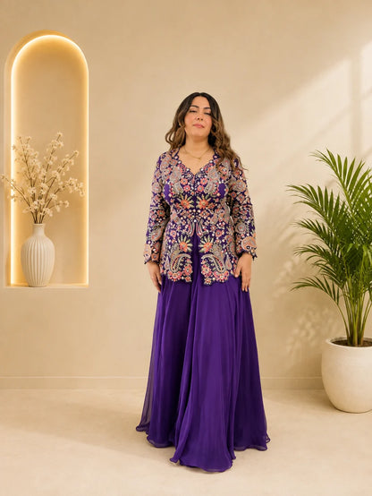 Elegant Royal Purple Floral Embroidered Peplum Sharara Set