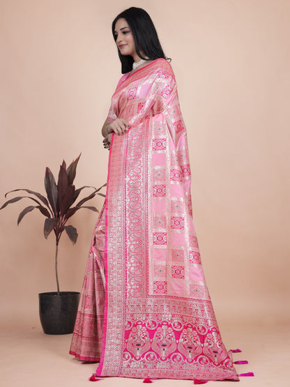 Amazing Baby Pink Banarasi Silk Saree with Rich Silver Zari Detailing
