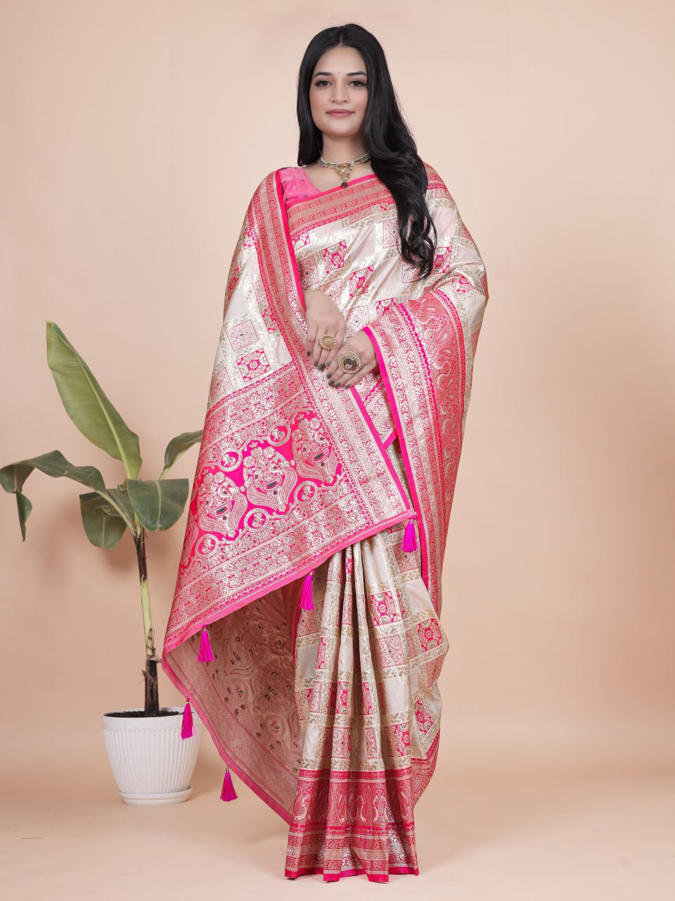 Elegant Cream and Pink Banarasi Silk Saree with Rich Silver Zari Weaving