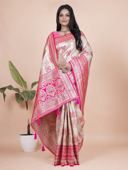 Elegant Cream and Pink Banarasi Silk Saree with Rich Silver Zari Weaving