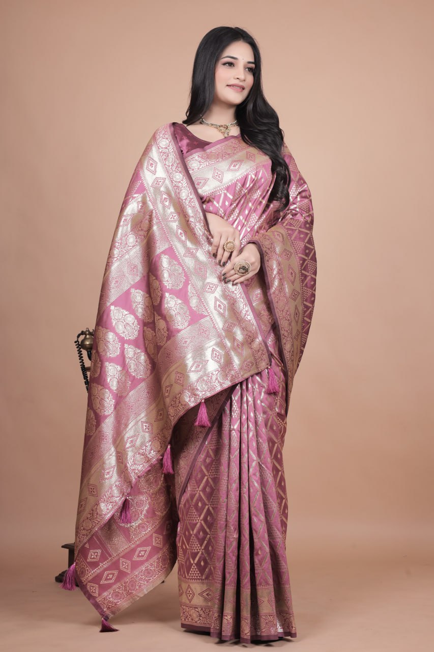 Beautiful Banarasi Silk Saree with Silver Geometric and Floral Zari Work