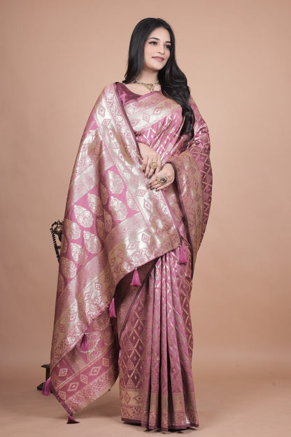 Beautiful Banarasi Silk Saree with Silver Geometric and Floral Zari Work