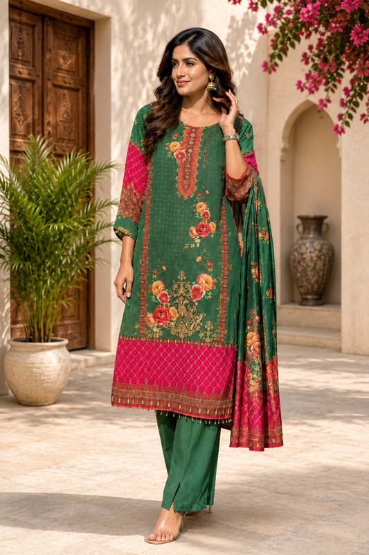 Women's Green Floral Printed Straight Kurta Pant & Dupatta Set |