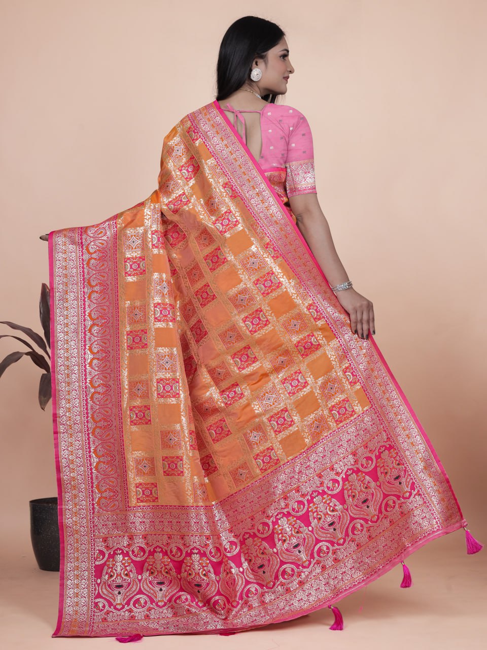 Trendy Women's Orange and Pink Banarasi Silk Saree with Silver Zari Work