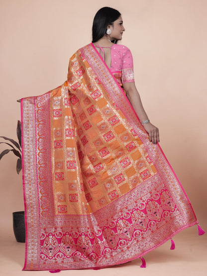 Trendy Women's Orange and Pink Banarasi Silk Saree with Silver Zari Work
