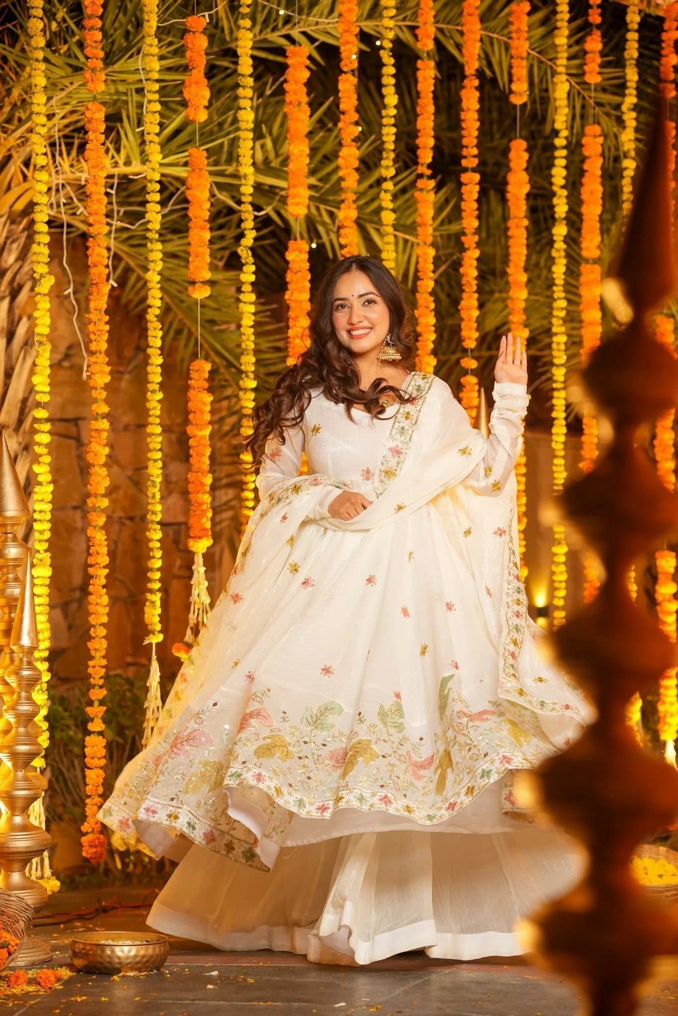 White Premium Soft Cruncy Silk Anarkali Suit Set with Floral Embroidery,