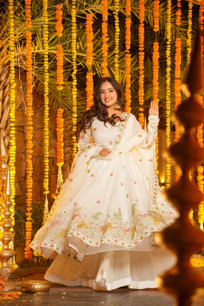 White Premium Soft Cruncy Silk Anarkali Suit Set with Floral Embroidery,
