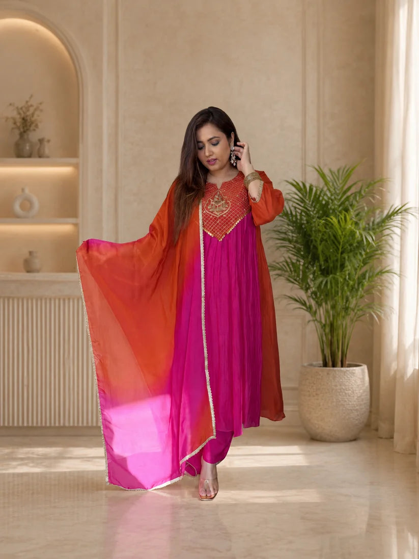 Vibrant Pink Orange Embroidered Anarkali Suit Set
