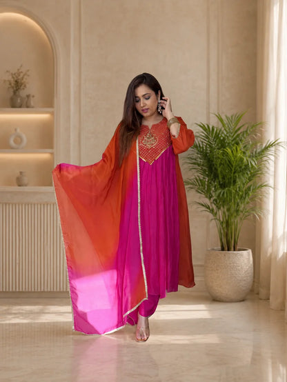 Vibrant Pink Orange Embroidered Anarkali Suit Set