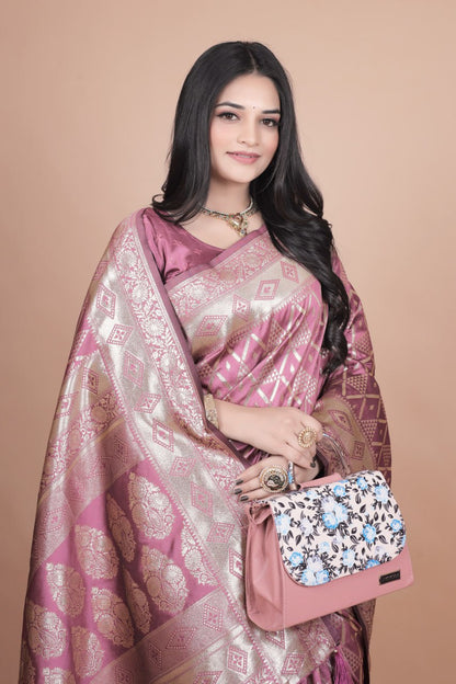Beautiful Banarasi Silk Saree with Silver Geometric and Floral Zari Work