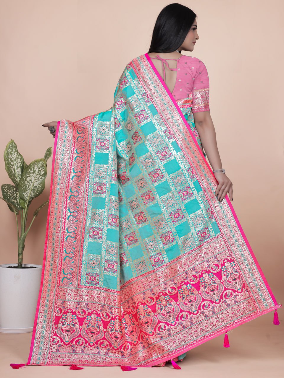 Magic Aqua Blue and Pink Banarasi Silk Saree with Silver Zari Weaving