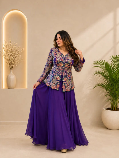 Elegant Royal Purple Floral Embroidered Peplum Sharara Set