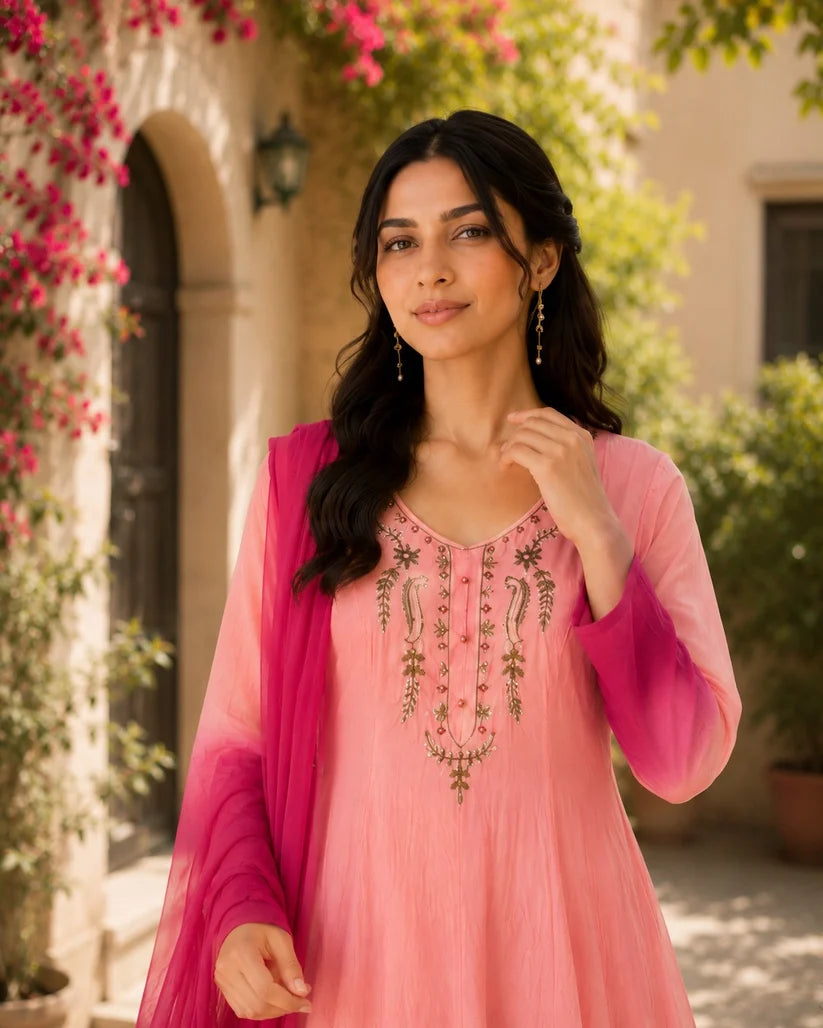 Peach Pink Ombre Embroidered Anarkali Suit Set