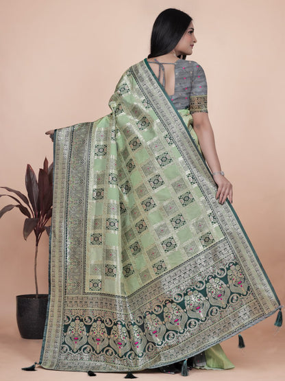 Softy Pastel Green Banarasi Silk Saree with Silver Zari Weaving
