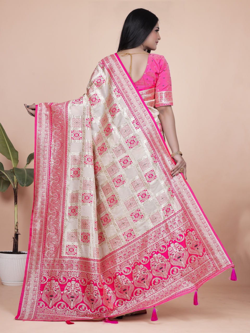 Elegant Cream and Pink Banarasi Silk Saree with Rich Silver Zari Weaving