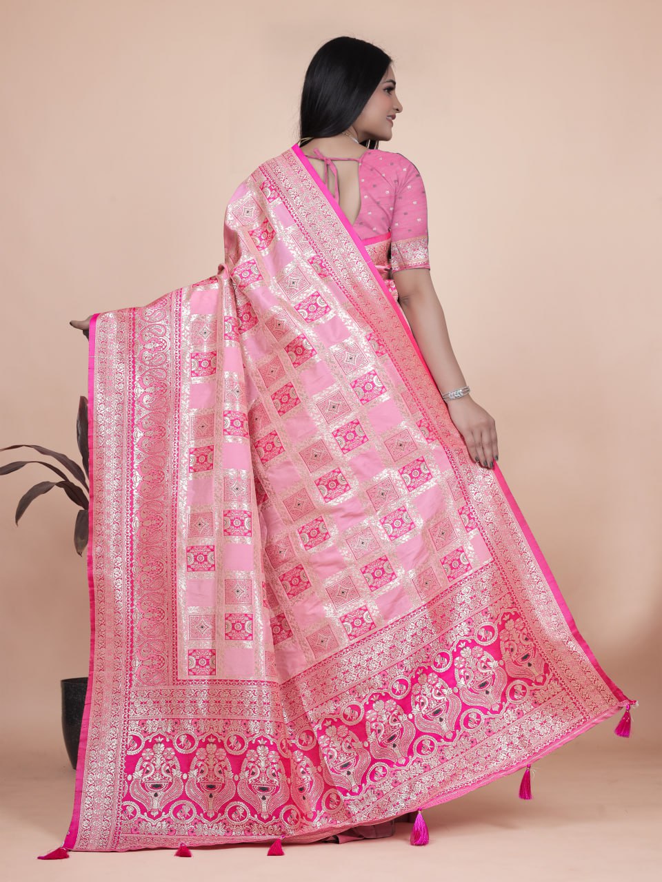 Amazing Baby Pink Banarasi Silk Saree with Rich Silver Zari Detailing