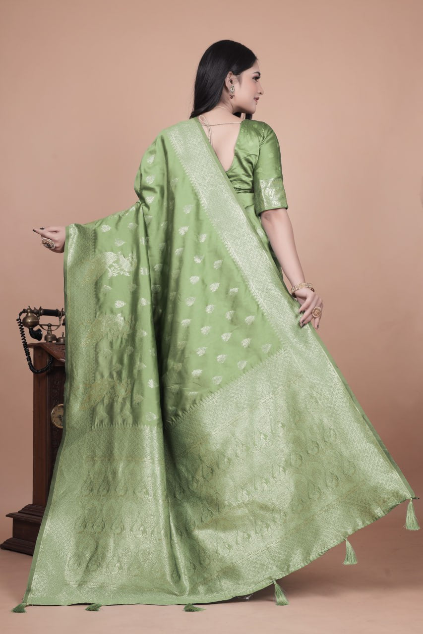 Lime Green Banarasi Silk Saree with Intricate Zari Peacock Motifs