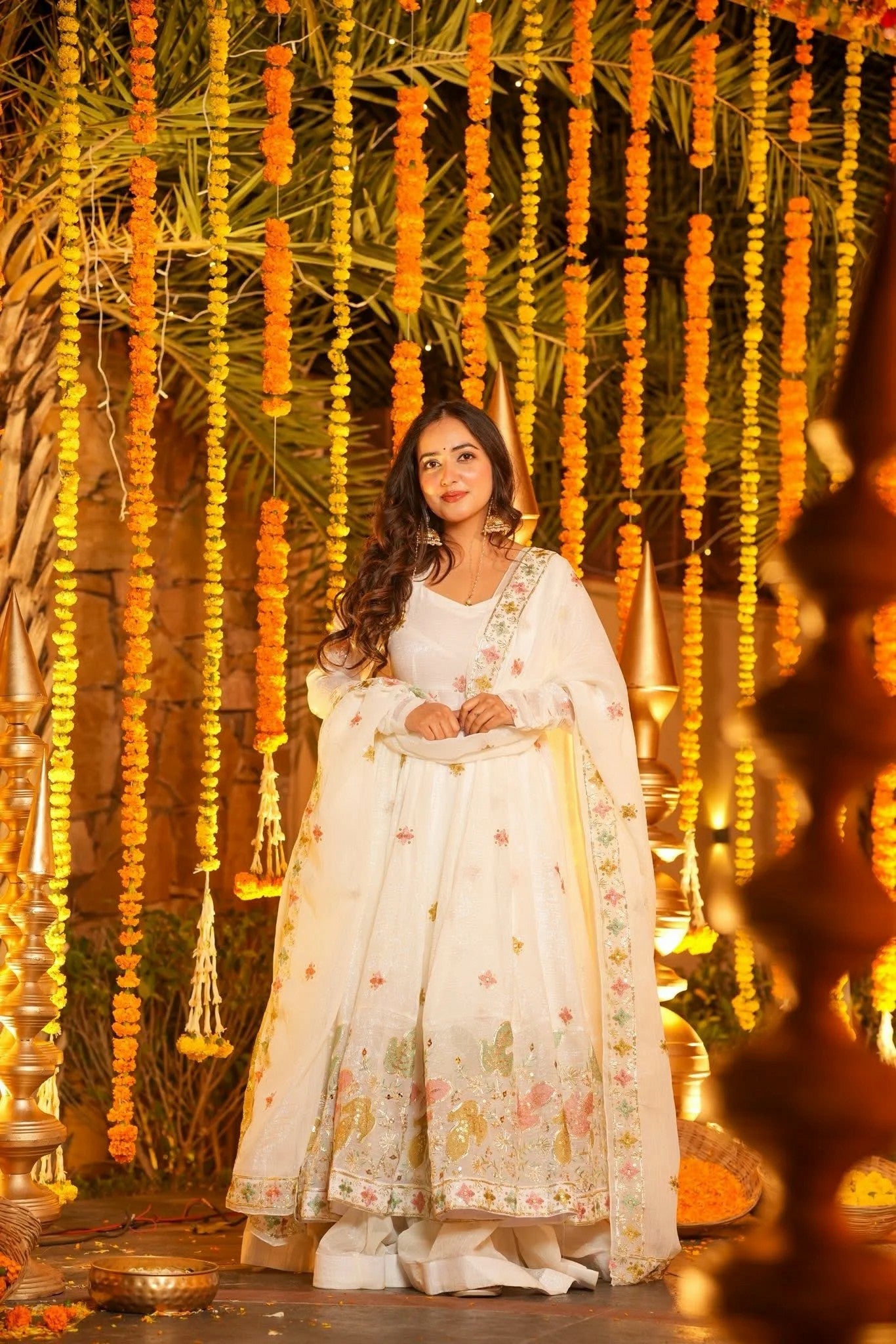 White Premium Soft Cruncy Silk Anarkali Suit Set with Floral Embroidery,