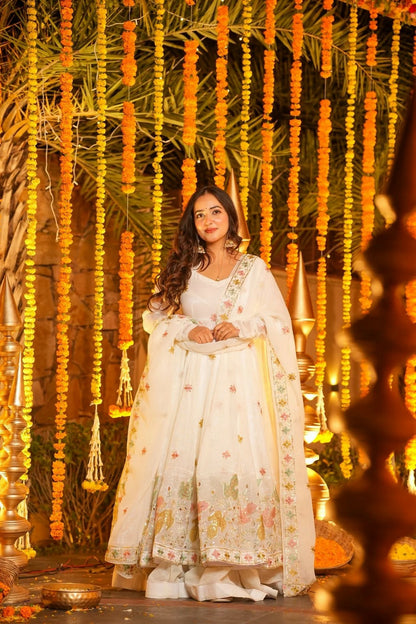 White Premium Soft Cruncy Silk Anarkali Suit Set with Floral Embroidery,