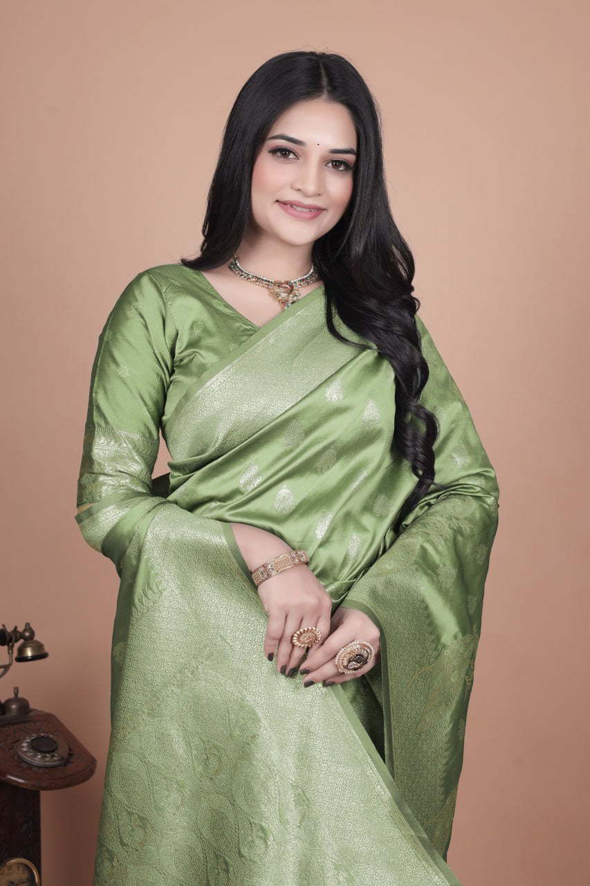 Lime Green Banarasi Silk Saree with Intricate Zari Peacock Motifs