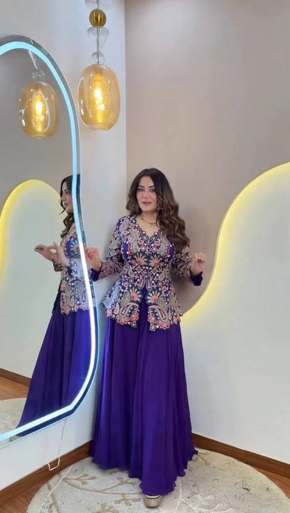 Elegant Royal Purple Floral Embroidered Peplum Sharara Set