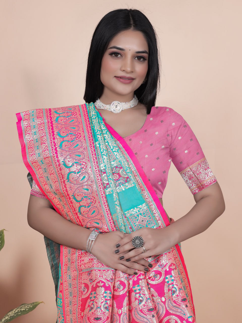 Magic Aqua Blue and Pink Banarasi Silk Saree with Silver Zari Weaving