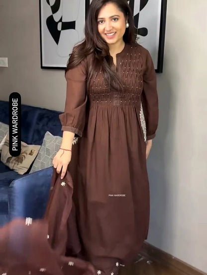 Beautiful Brown Embroidered Flared Kurta Set with Pants