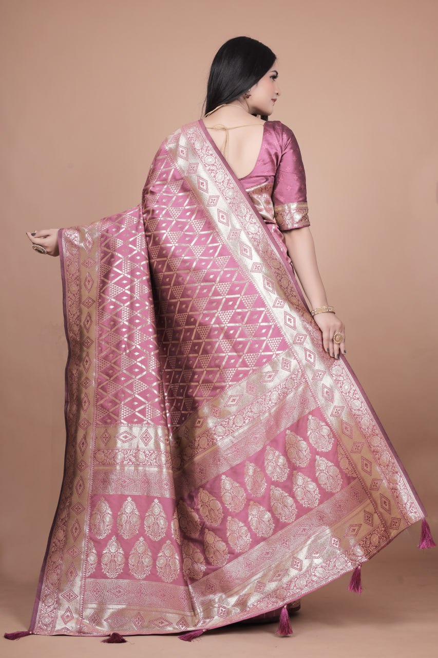 Beautiful Banarasi Silk Saree with Silver Geometric and Floral Zari Work