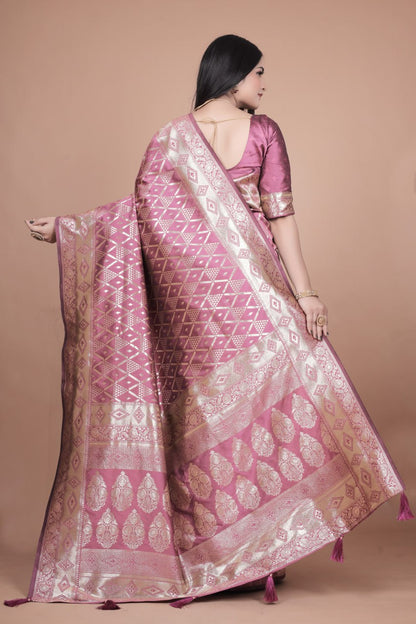 Beautiful Banarasi Silk Saree with Silver Geometric and Floral Zari Work