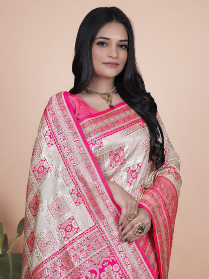 Elegant Cream and Pink Banarasi Silk Saree with Rich Silver Zari Weaving