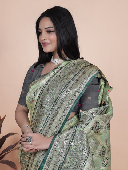 Softy Pastel Green Banarasi Silk Saree with Silver Zari Weaving