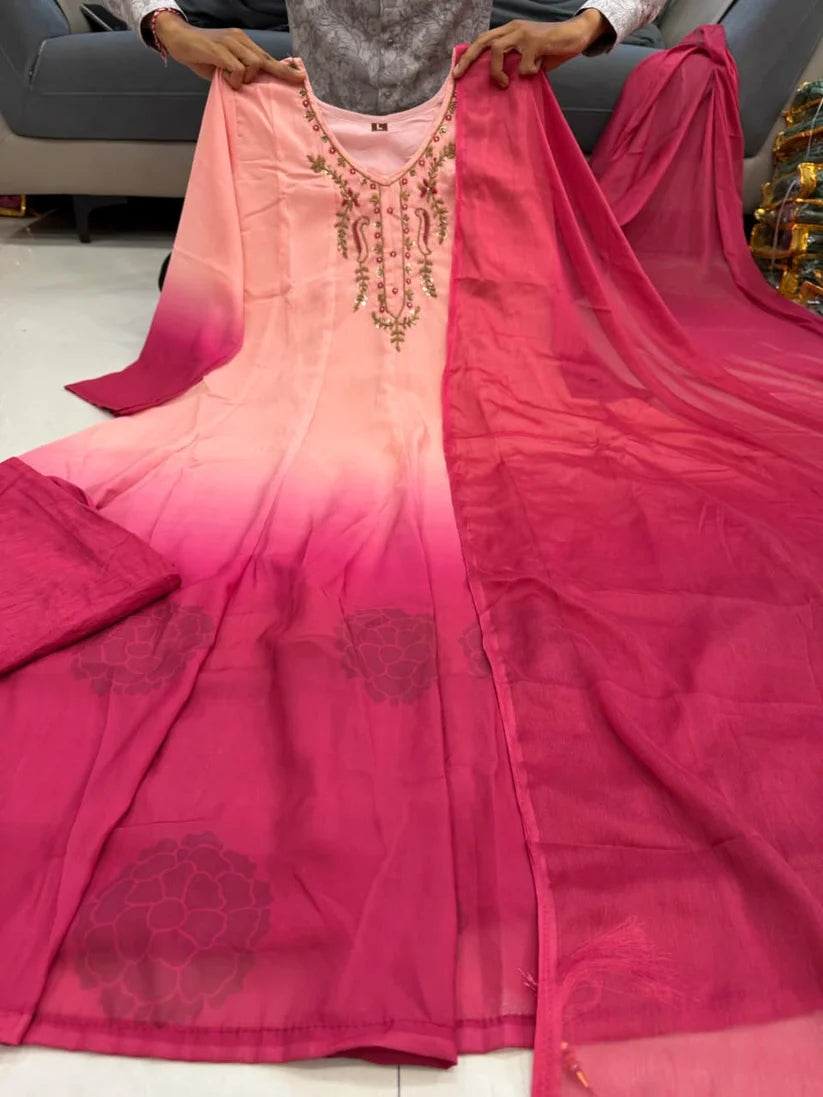 Peach Pink Ombre Embroidered Anarkali Suit Set