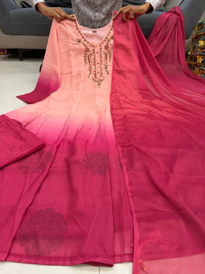 Peach Pink Ombre Embroidered Anarkali Suit Set