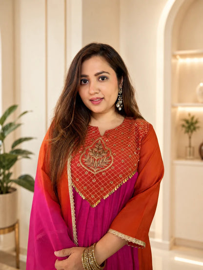 Vibrant Pink Orange Embroidered Anarkali Suit Set