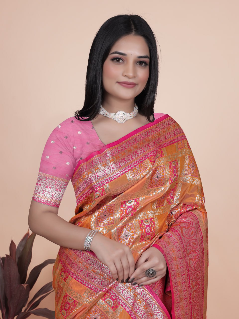 Trendy Women's Orange and Pink Banarasi Silk Saree with Silver Zari Work