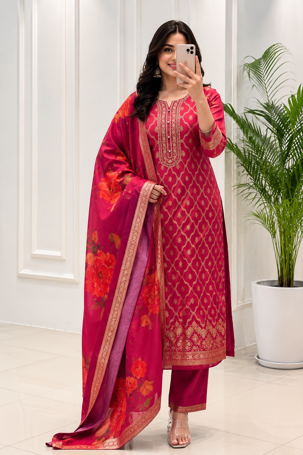 Traditional Rani Pink Banarasi Silk Woven Kurta Pant Set with Floral Printed Dupatta