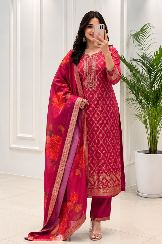 Traditional Rani Pink Banarasi Silk Woven Kurta Pant Set with Floral Printed Dupatta