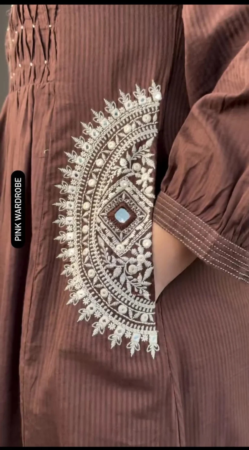 Beautiful Brown Embroidered Flared Kurta Set with Pants
