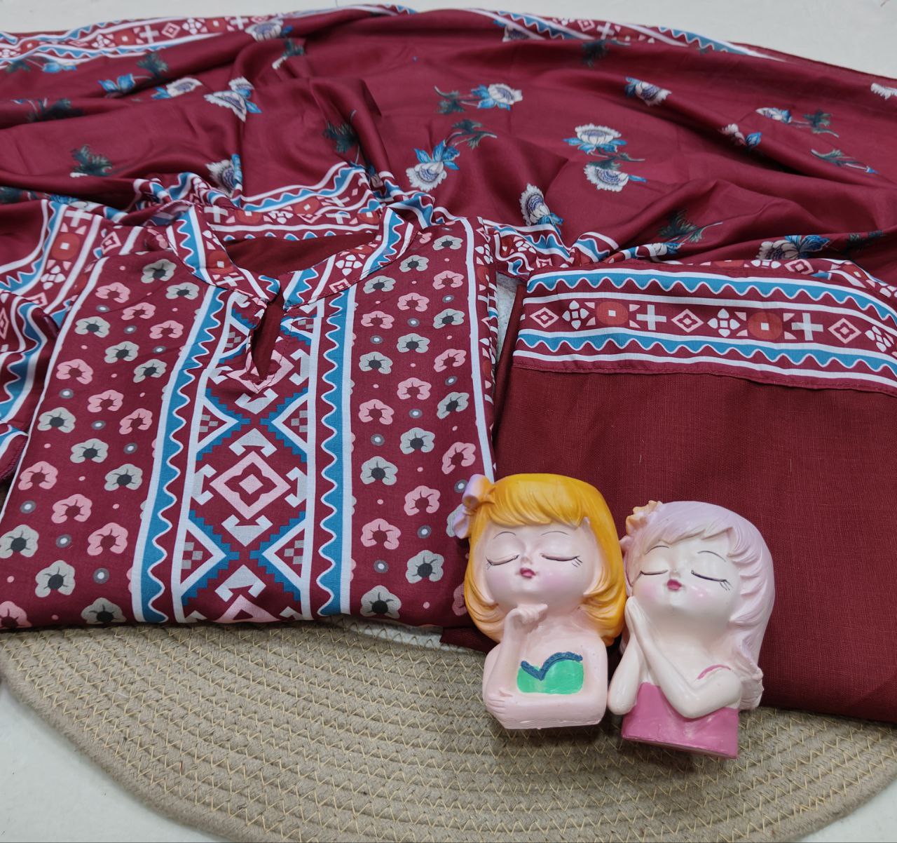 Royal Maroon Printed Kurta Pant with Dupatta Set