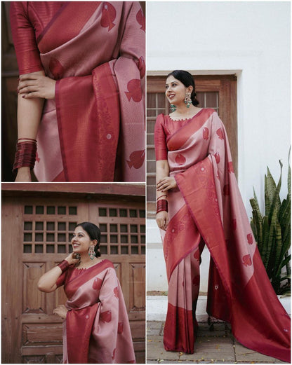 Elegant Rose Gold Heritage Woven Soft Silk Saree